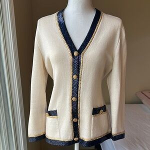 St John Elegant Cream and Sparkly Navy Women's Sweater with gold sparkle trim